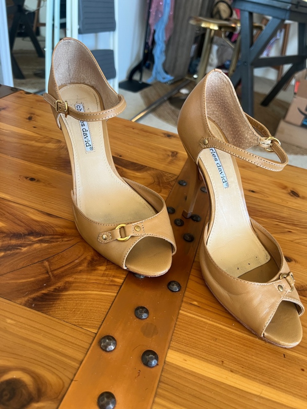 Charles David Camel/Tan Open-Toe Ankle-Strap Heels